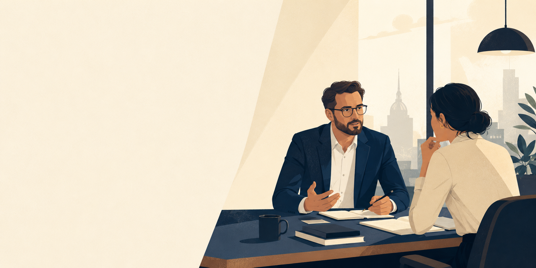 Illustration of two professionals having a focused conversation at a desk in a newsroom, representing editorial leadership and difficult feedback conversations