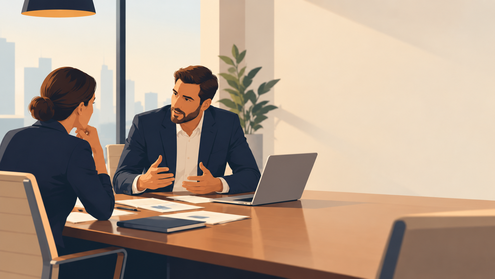 Illustration of two professionals in a focused business meeting, representing the connection between editorial instinct and client pitching Tim Ronaldson